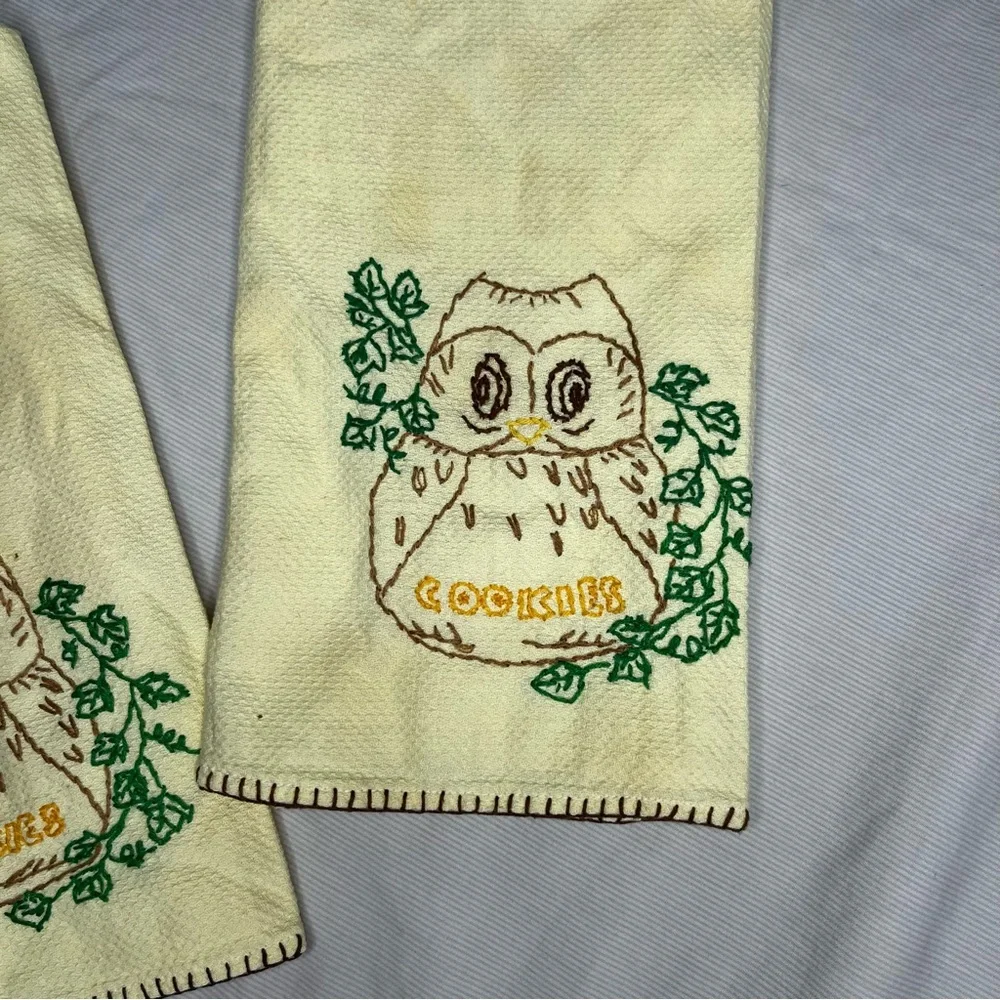 Vintage Yellow Hand Stitched Owl Cookies Hand Towel Set Of Two